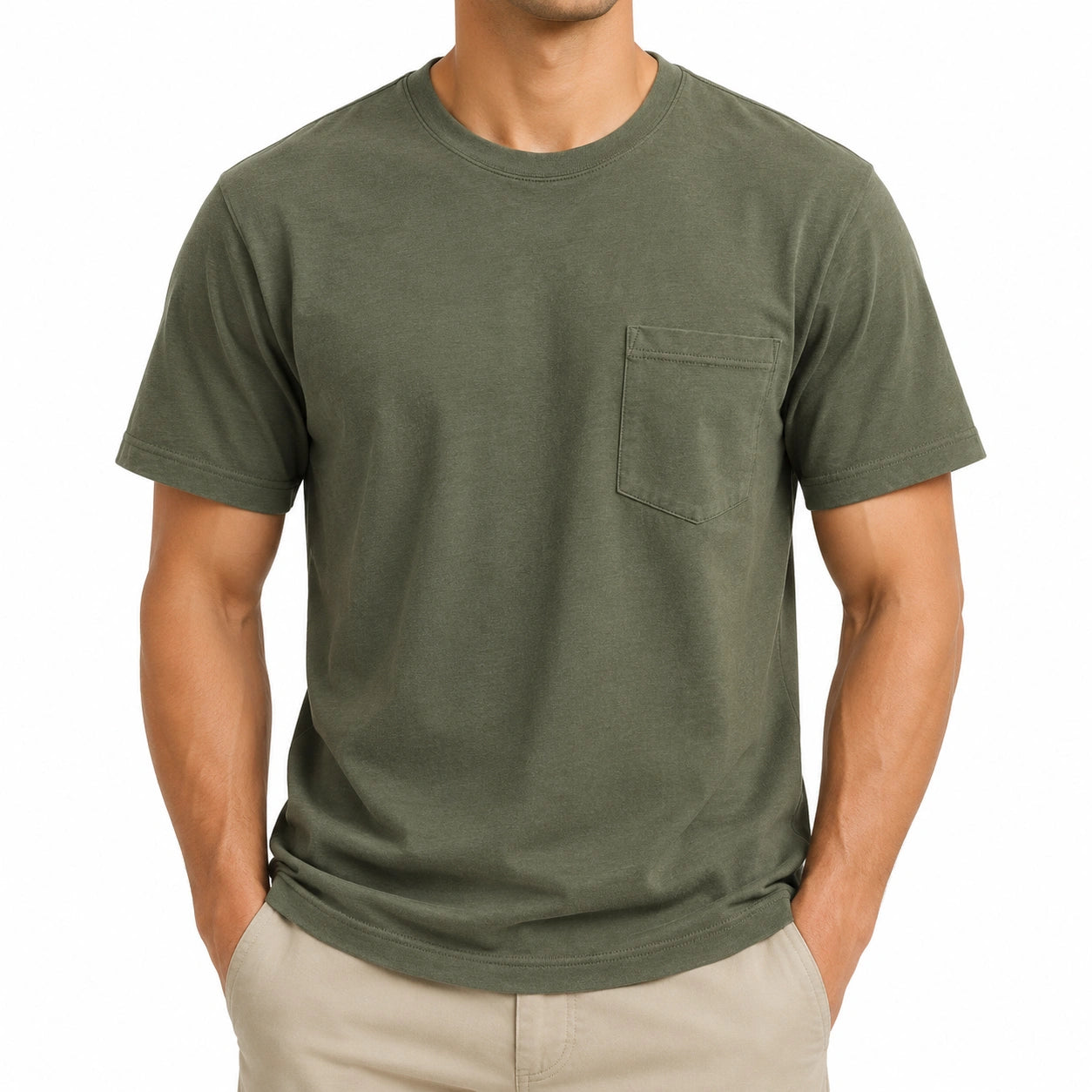 T-shirt uomo taglia M verde oliva in tessuto a maglia con taschino stile casual