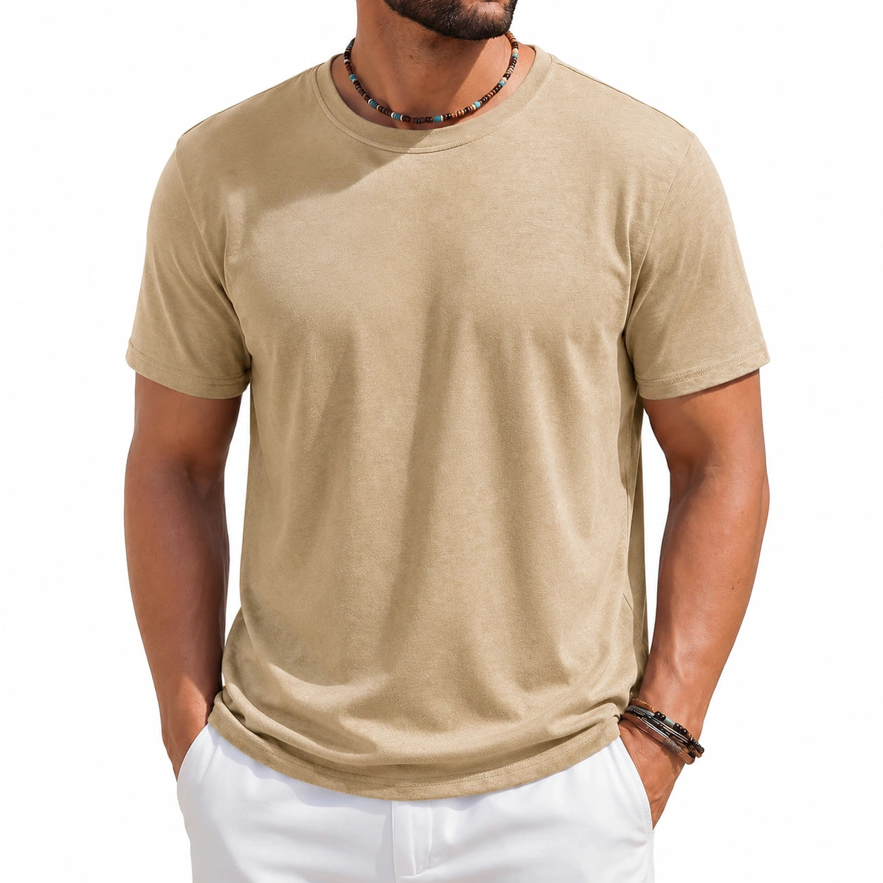 T-shirt uomo taglia M beige in tessuto effetto scamosciato a maniche corte