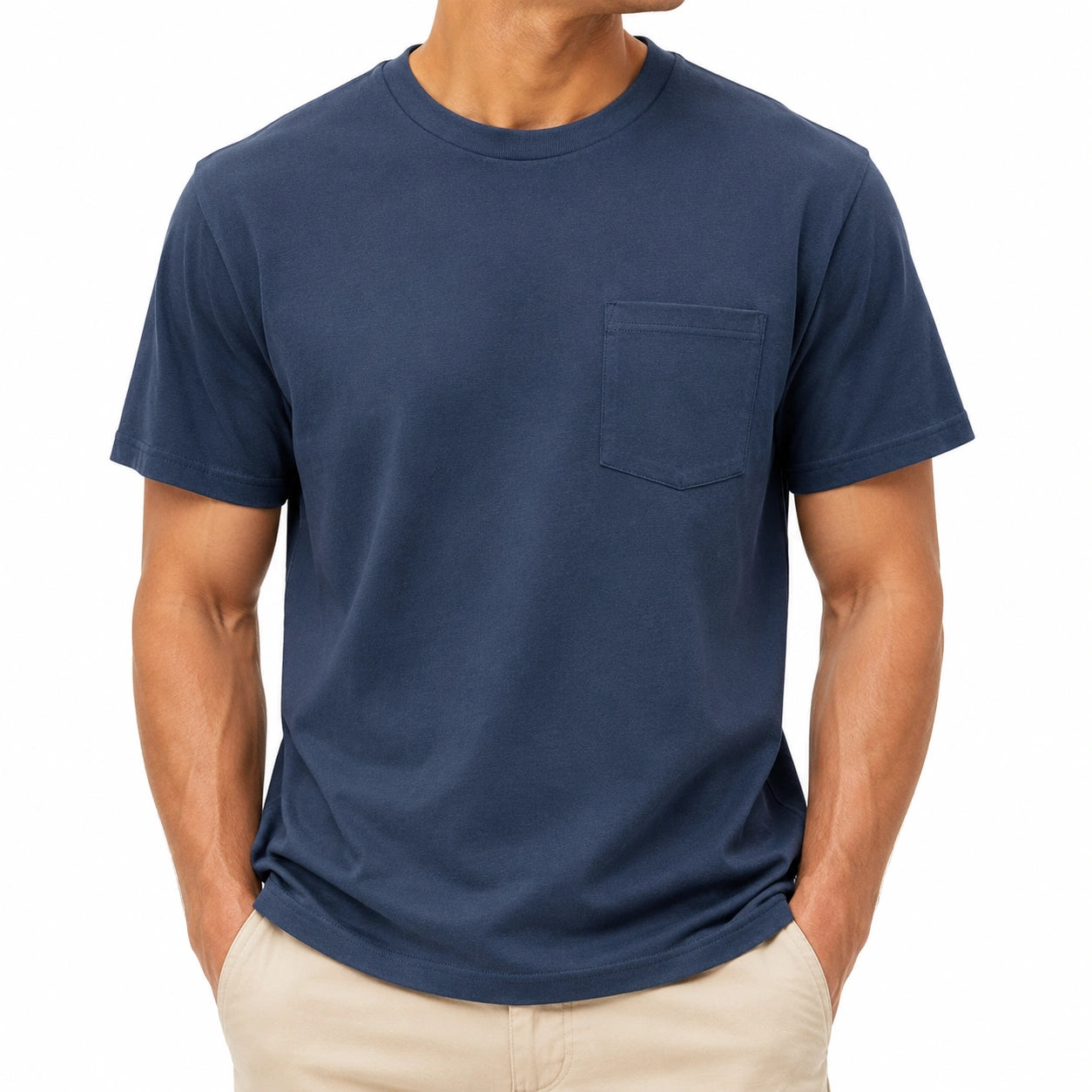 T-shirt da uomo taglia L in cotone blu navy con taschino girocollo a manica corta