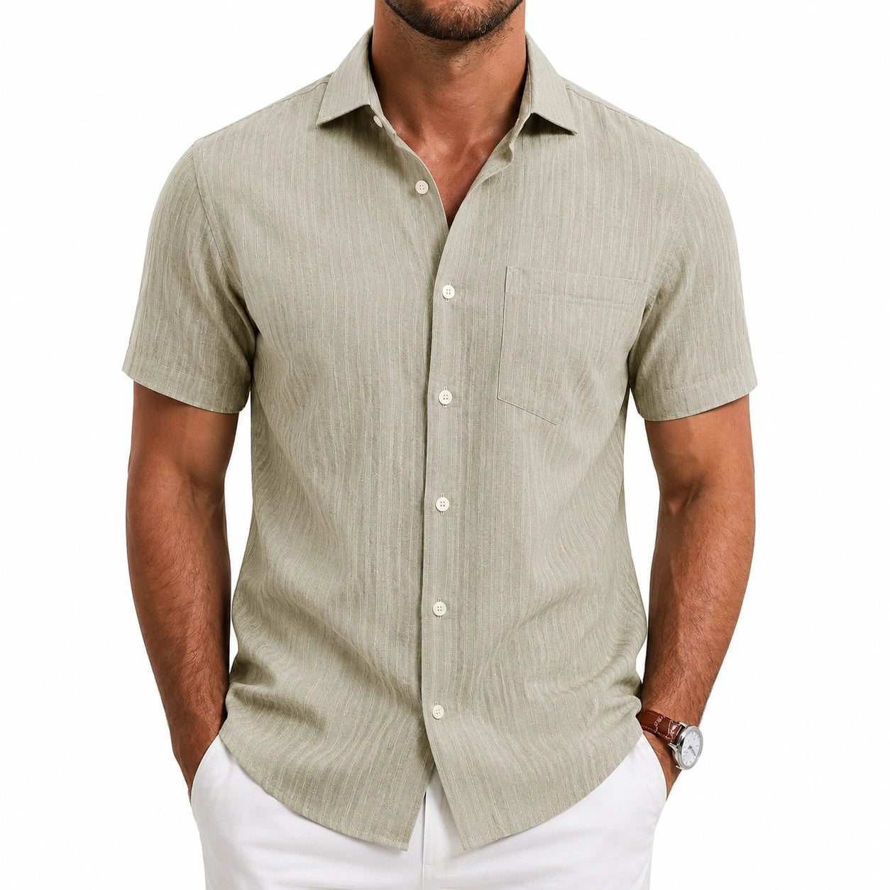 Camicia uomo taglia M in tessuto leggero beige a maniche corte stile casual
