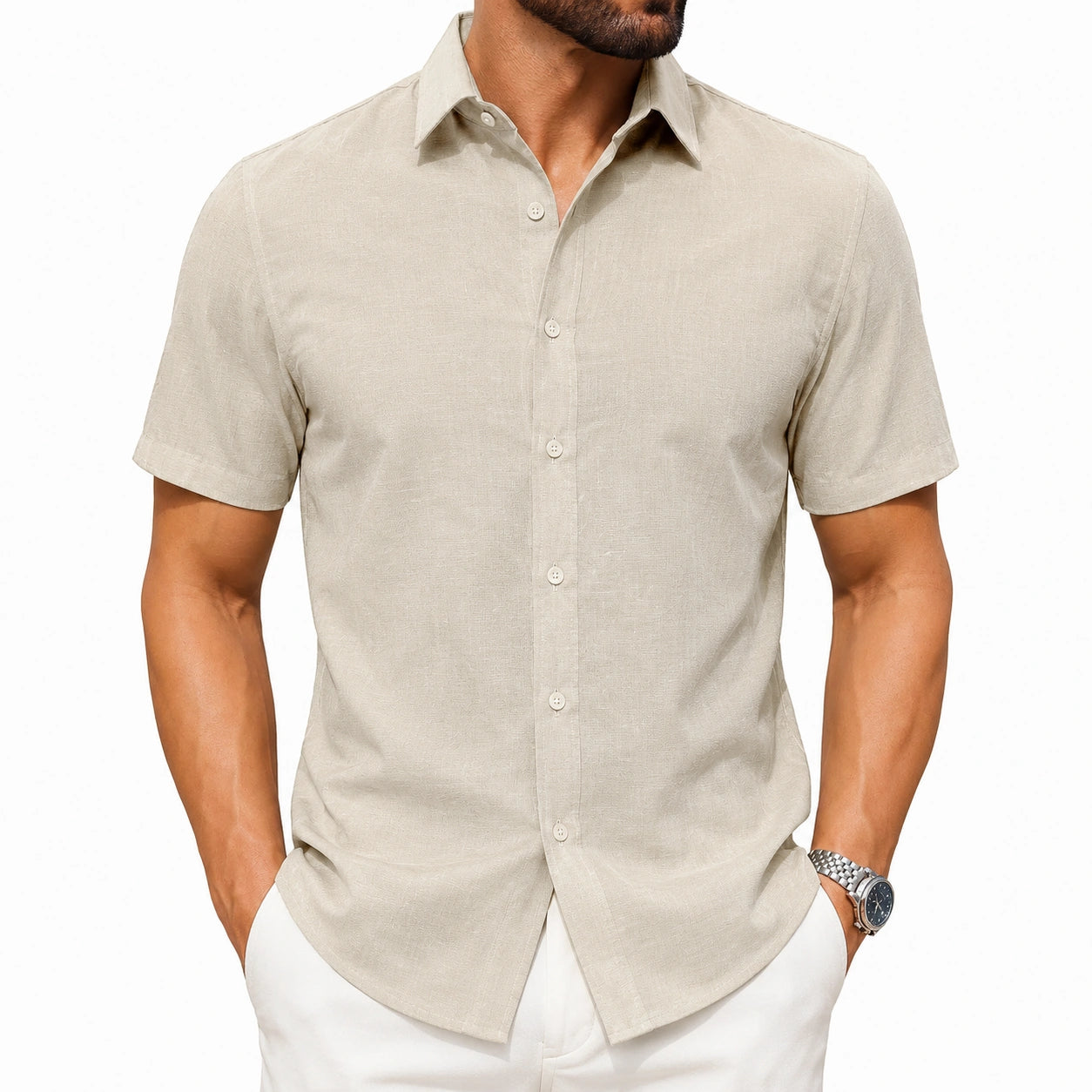 Camicia uomo L in tessuto effetto lino beige a manica corta - stile casual