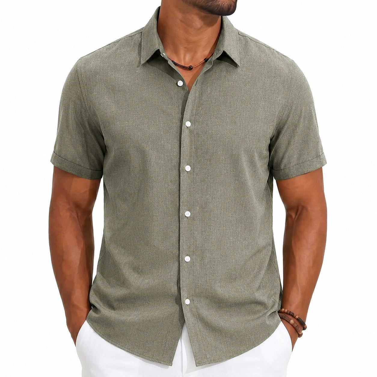 Camicia da uomo taglia M verde oliva a maniche corte in tessuto leggero stile casual