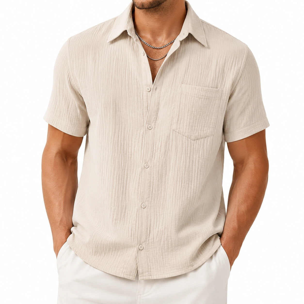 Camicia uomo M beige a maniche corte in tessuto testurizzato stile casual