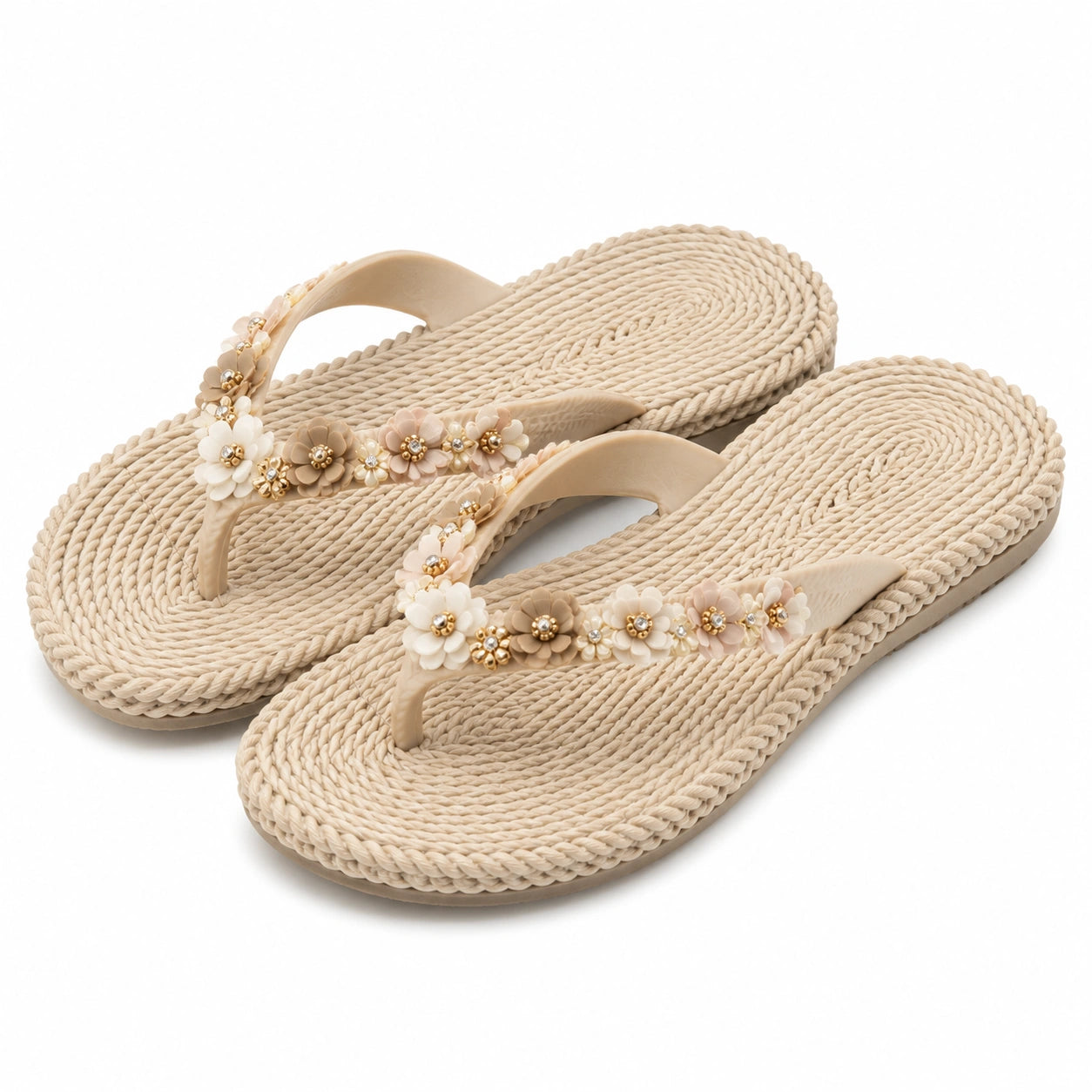 Infradito donna 42/43 beige con effetto corda e fiori decorativi