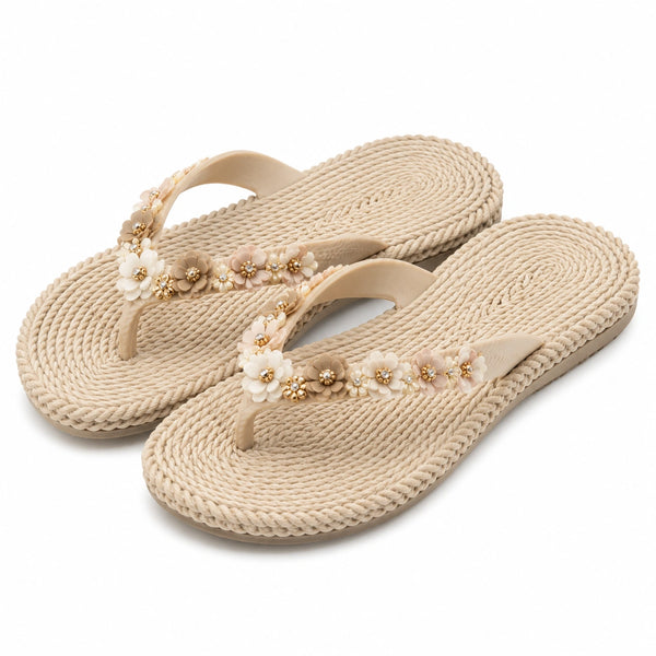 Infradito donna 42/43 beige con effetto corda e fiori decorativi