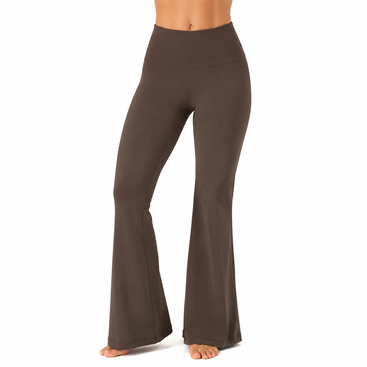 Pantaloni yoga donna taglia M in tessuto elasticizzato marrone a vita alta svasati