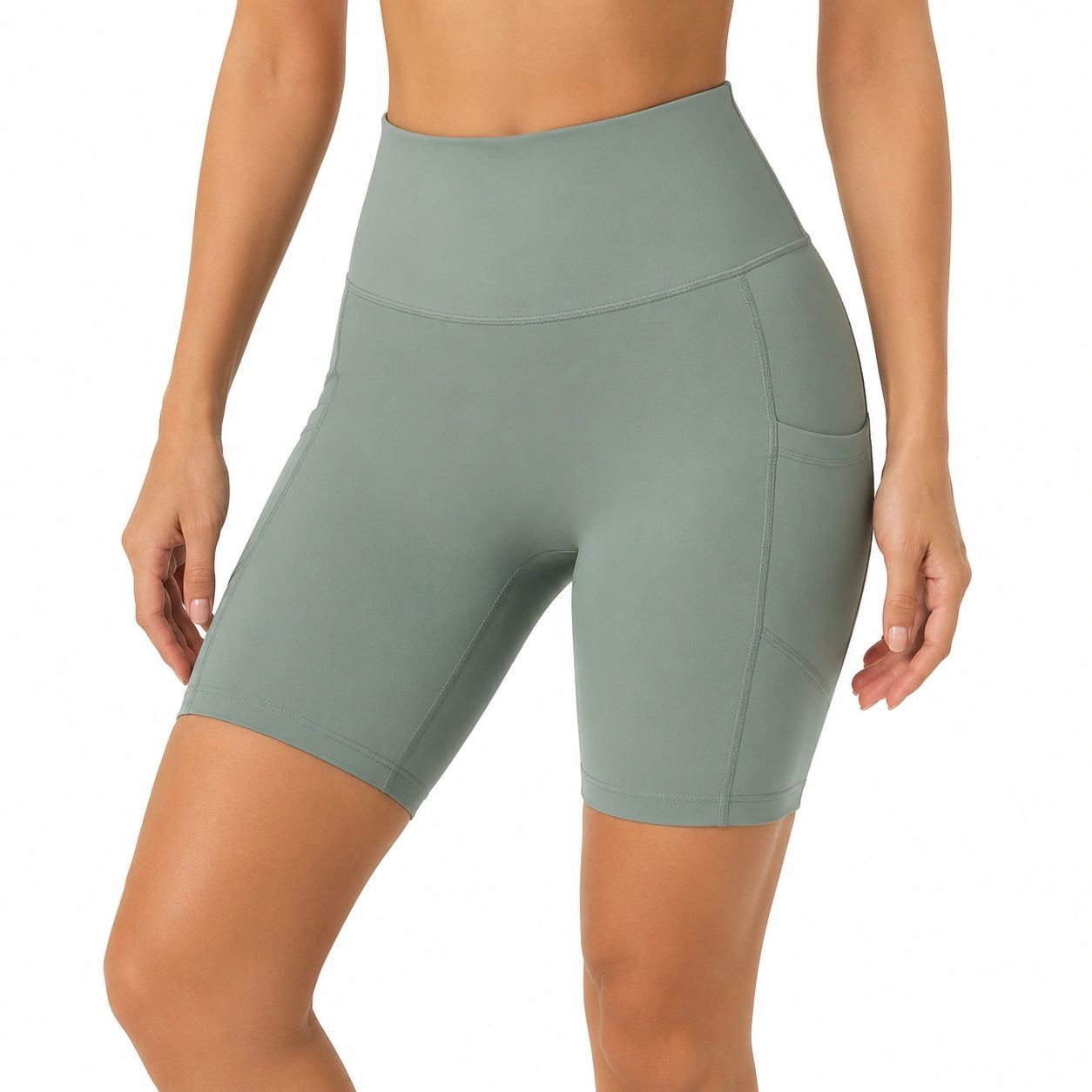 Pantaloncini ciclista donna M in tessuto elasticizzato verde salvia a vita alta con tasche laterali