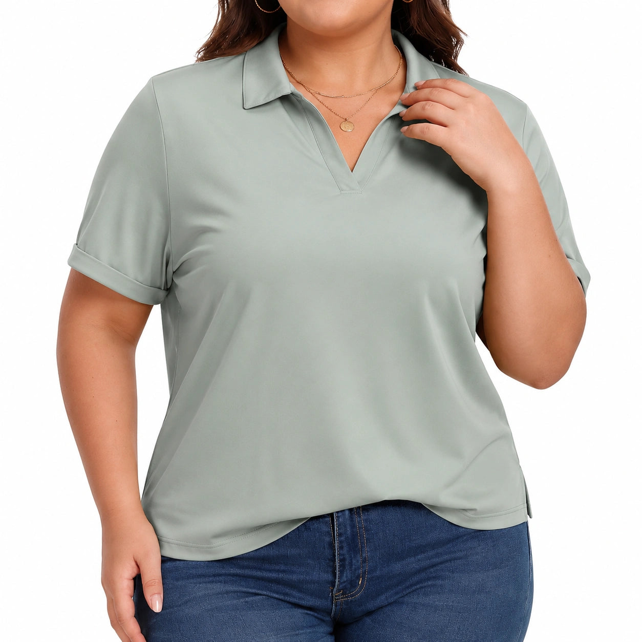 Polo donna taglia M in tessuto sintetico verde salvia con colletto e maniche corte stile casual